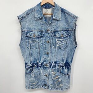 Vintage Y2K Vest Jacket Size Medium Blue Denim Destroyed Grunge‎ Clipper Bay